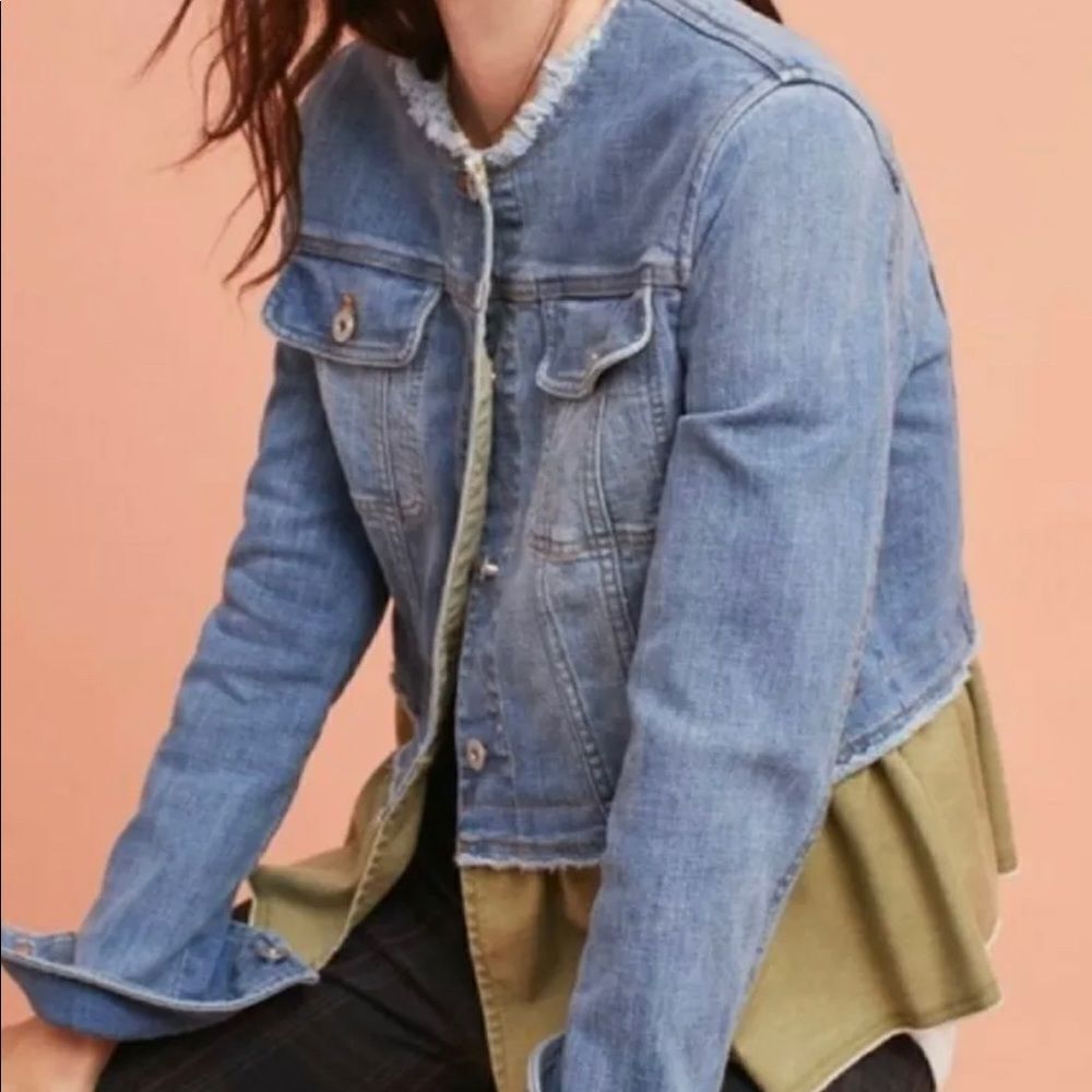 PILCRO ANTHROPOLOGIE jean jacket coat cropped fringe peplum cotton denim